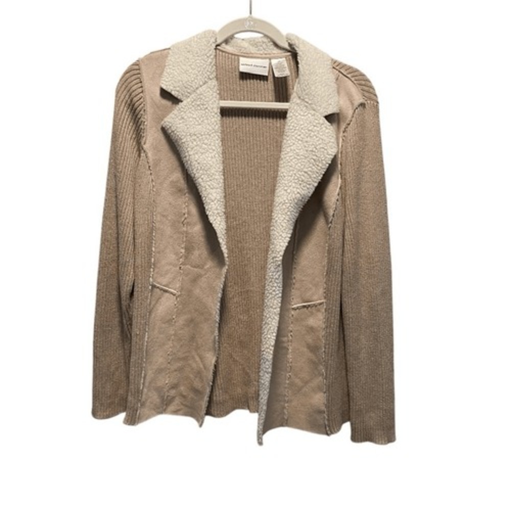 Alfred Dunner Beige Sherpa Cardigan Jacket‎ Faux Suede Knit Size 10